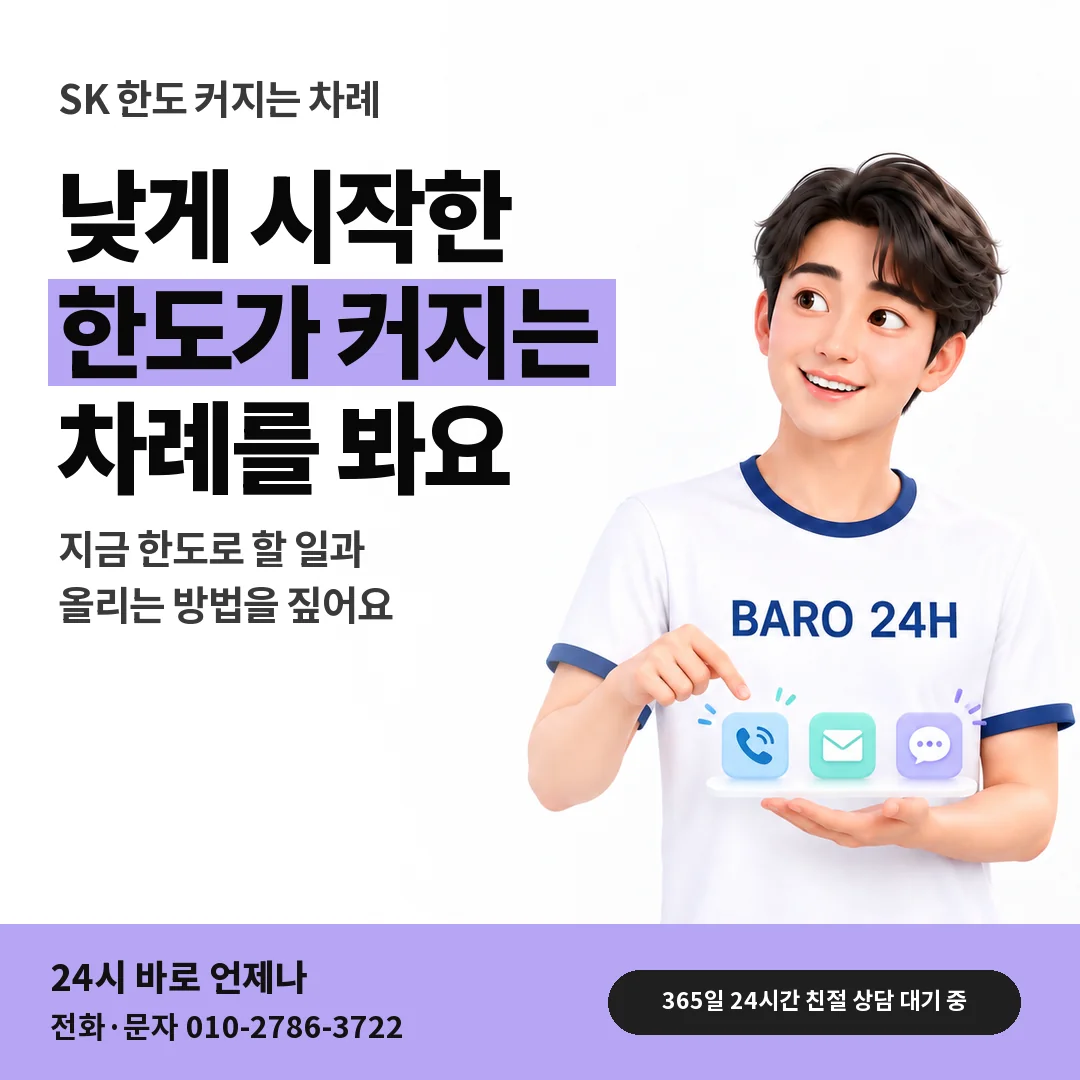 BARO 24H 티셔츠를 입은 3D 인물 옆에 「SK 한도 늘어나는 차례」 제목을 얹은 안내 카드