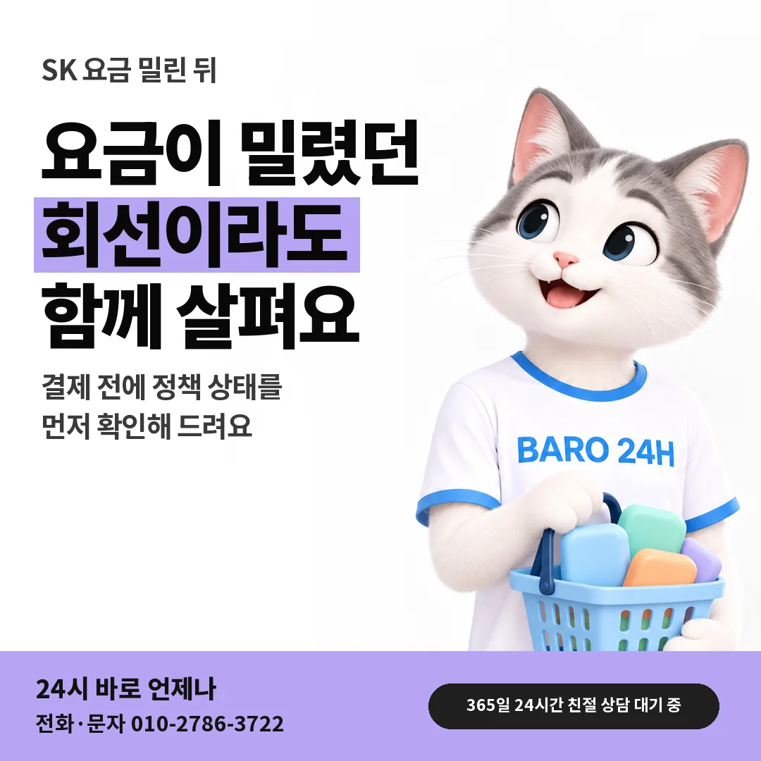 BARO 24H 티셔츠를 입은 3D 동물 캐릭터 옆에 「SK 요금 밀린 뒤 결제」 제목을 얹은 안내 카드