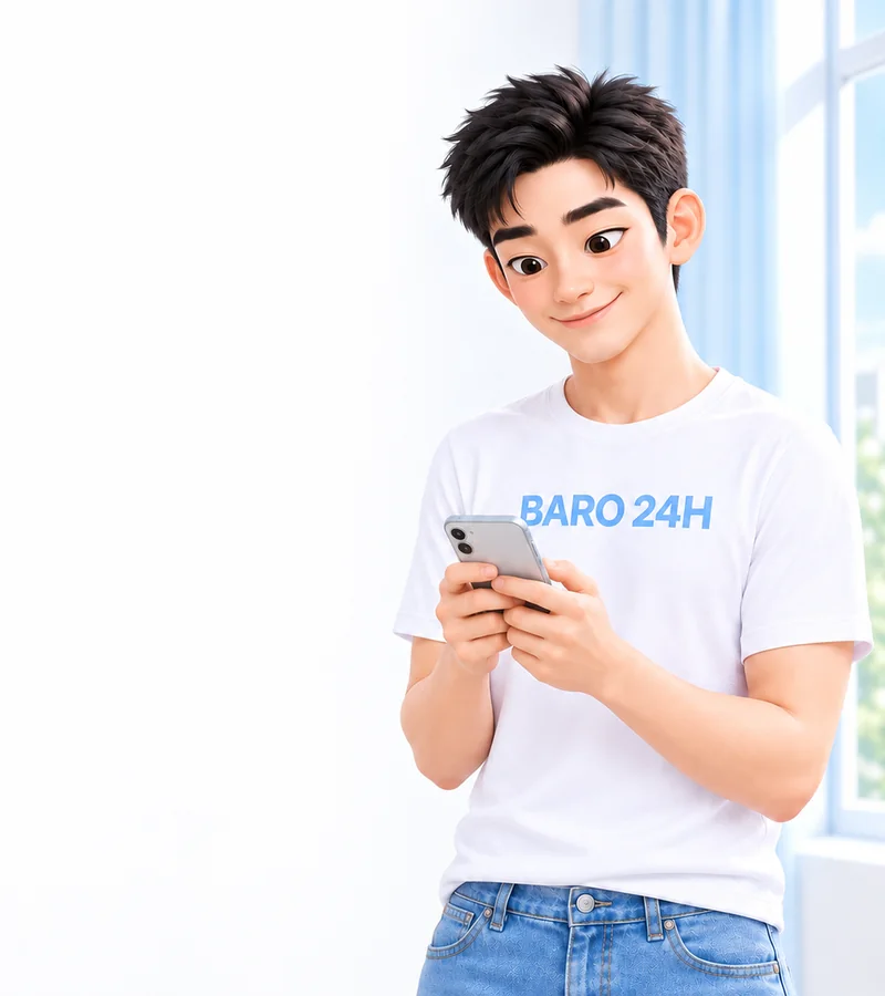 휴대폰을 들고 상담을 안내하는 BARO 24H 티셔츠 차림의 20대 3D 인물